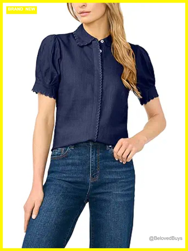 Short Sleeve Scallop Trim Button Up Top Blouse